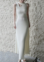 New White Wrinkled Hollow Out Knit Long Dress Sleeveless