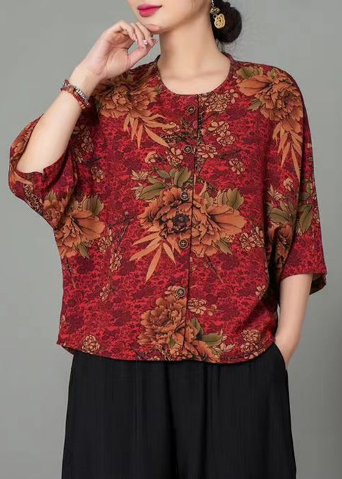 New Wine Red O Neck Print Cotton Blouses Summer