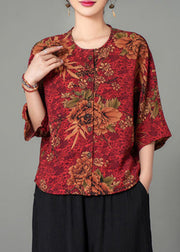 New Wine Red O Neck Print Cotton Blouses Summer