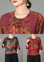 New Wine Red O Neck Print Cotton Blouses Summer