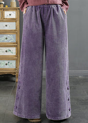 New Wine Red Pockets Elastic Waist Corduroy Wide Leg Pants Fall