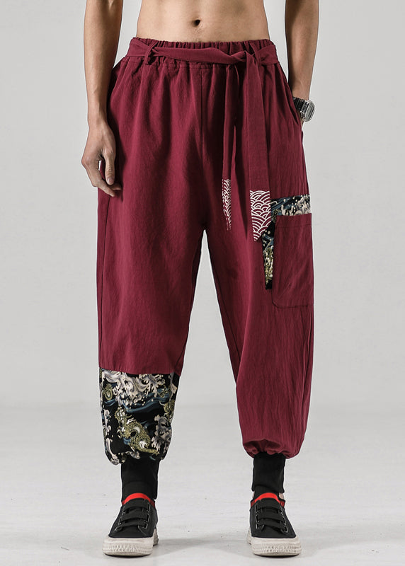 New Wine Red Pockets Elastic Waist Cotton Summer Mens Harem Pants