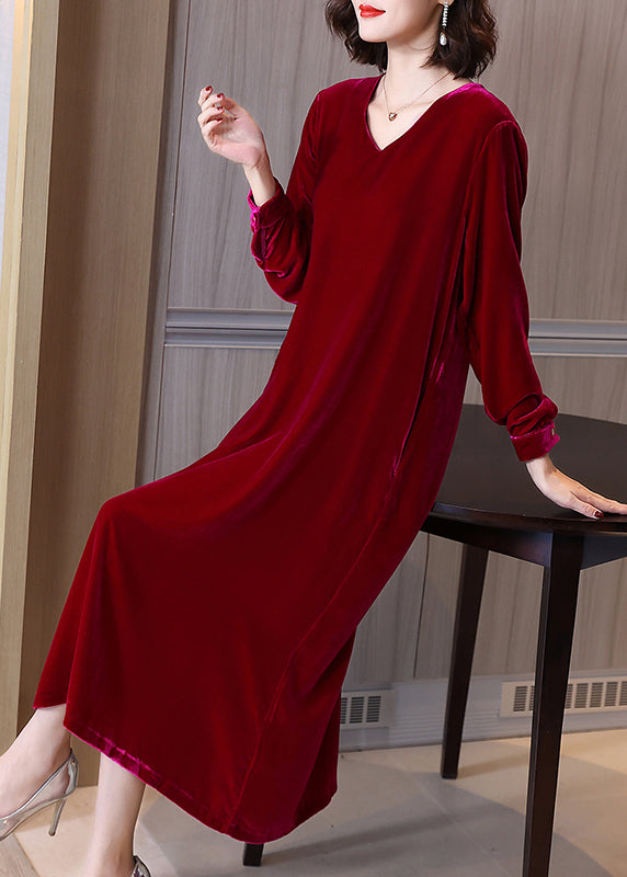 New Wine Red Solid Pockets Silk Velour Dress Long Sleeve