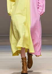 New Yellow Asymmetrical Pockets Patchwork Cotton Dress Long Sleeve