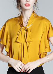 New Yellow Bow Ruffled Patchwork Silk Shirt Tops Summer