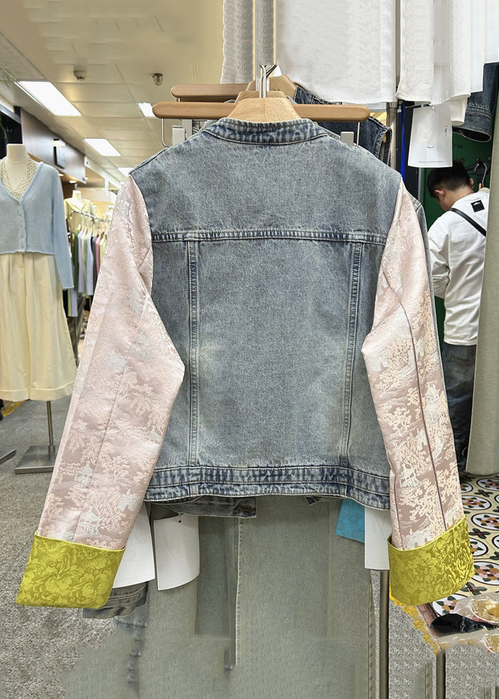 New Yellow Button Patchwork Denim Coats Long Sleeve