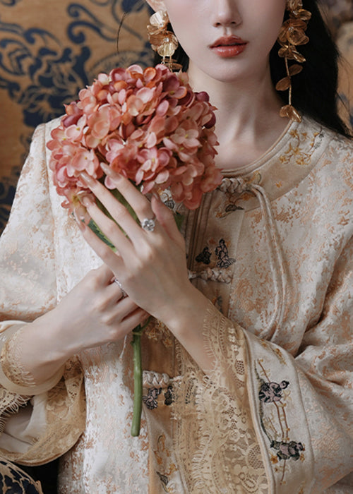 New Yellow Chinese Button Coat And Silk Velvet Skirts Two Pieces Set Fall