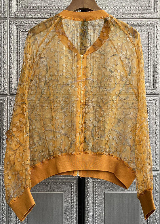 New Yellow Embroideried Zippered Patchwork Silk Thin Coats Long Sleeve