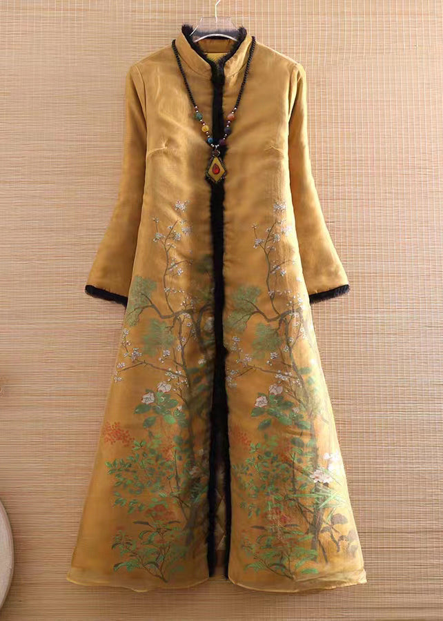 New Yellow Fur Collar Print Cotton Filled Long Coat Winter