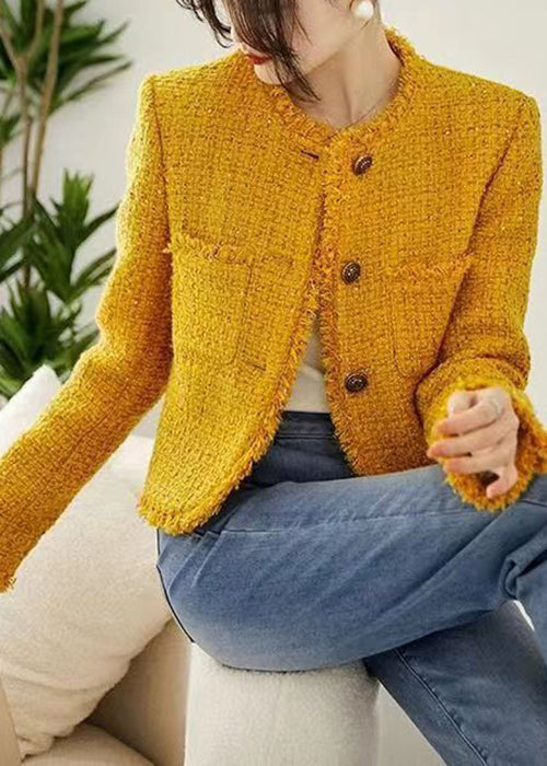 New Yellow O Neck Button Pockets Cotton Coats Fall