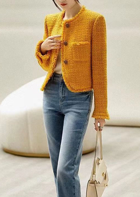 New Yellow O Neck Button Pockets Cotton Coats Fall