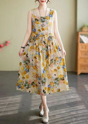 New Yellow O Neck Lace Up Print Cotton Long Dress Sleeveless