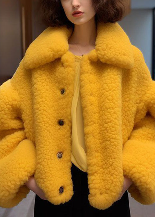 New Yellow Peter Pan Collar Button Teddy Faux Fur Coats Long Sleeve