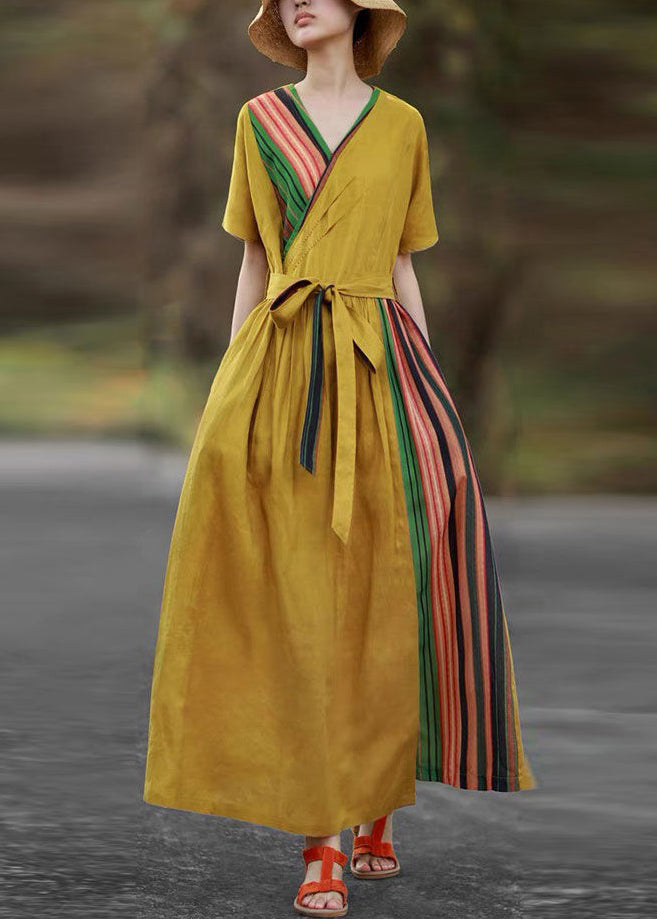 New Yellow Pockets Tie Waist Patchwork Cotton Long Dresses Summer