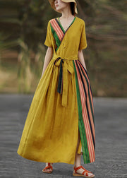 New Yellow Pockets Tie Waist Patchwork Cotton Long Dresses Summer