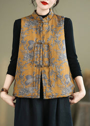 New Yellow Print Chinese Button Cotton Filled Waistcoat Winter