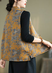 New Yellow Print Chinese Button Cotton Filled Waistcoat Winter