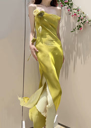 New Yellow Side Open Solid Silk Spaghetti Strap Dress Sleeveless