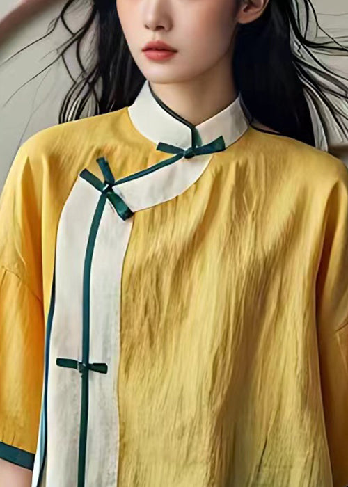 New Yellow Stand Collar Button Cotton Shirts Summer
