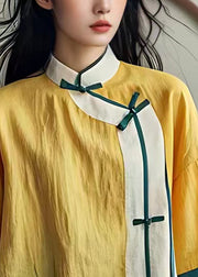 New Yellow Stand Collar Button Cotton Shirts Summer