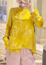 New Yellow Stand Collar Button Print Silk Shirt Long Sleeve