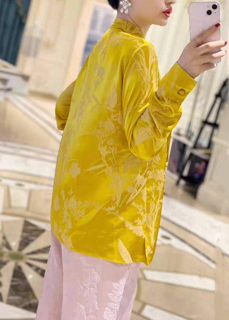 New Yellow Stand Collar Button Print Silk Shirt Long Sleeve