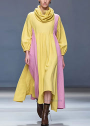 New Yellow Turtleneck Solid Patchwork Cotton Long Dress Fall