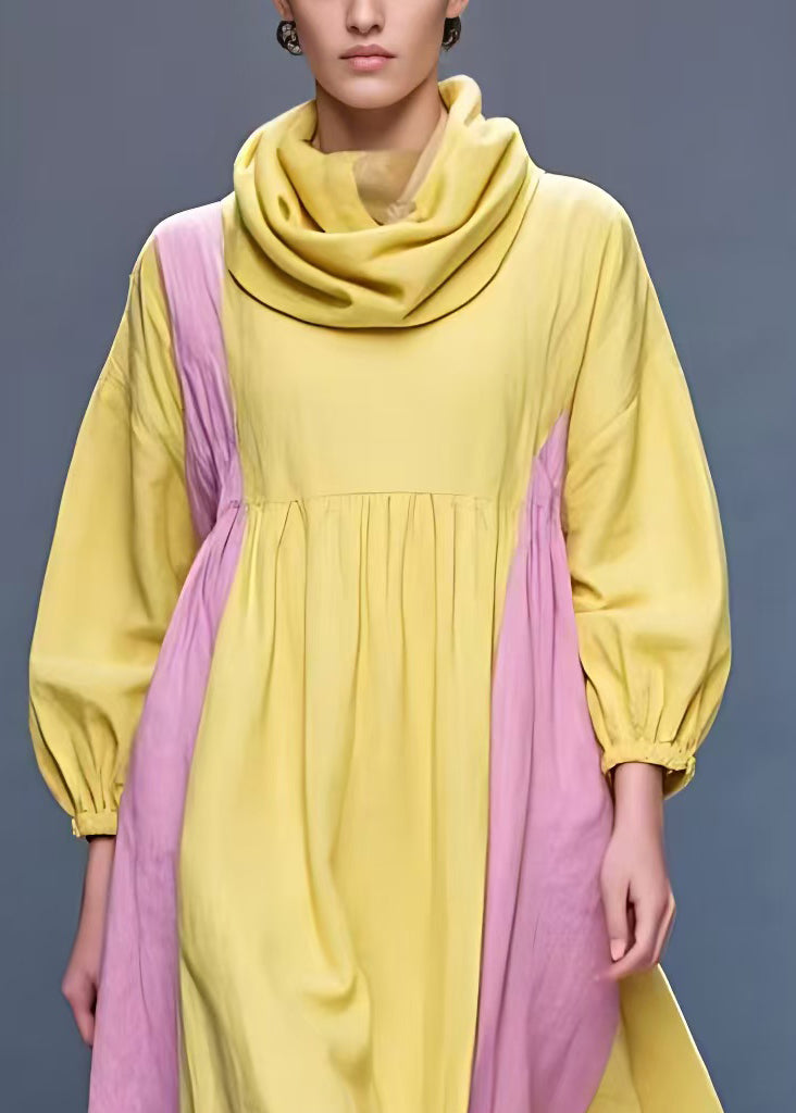 New Yellow Turtleneck Solid Patchwork Cotton Long Dress Fall