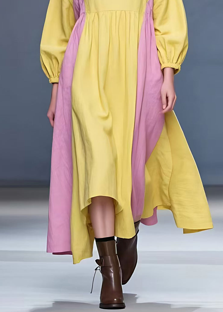 New Yellow Turtleneck Solid Patchwork Cotton Long Dress Fall