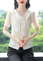 New Yellow V Neck Tasseled Print Linen Shirt Tops Summer