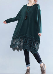 New blackish green cotton shift dress plussize cotton clothing dresses vintage lace ruffles long sleeve cotton dresses