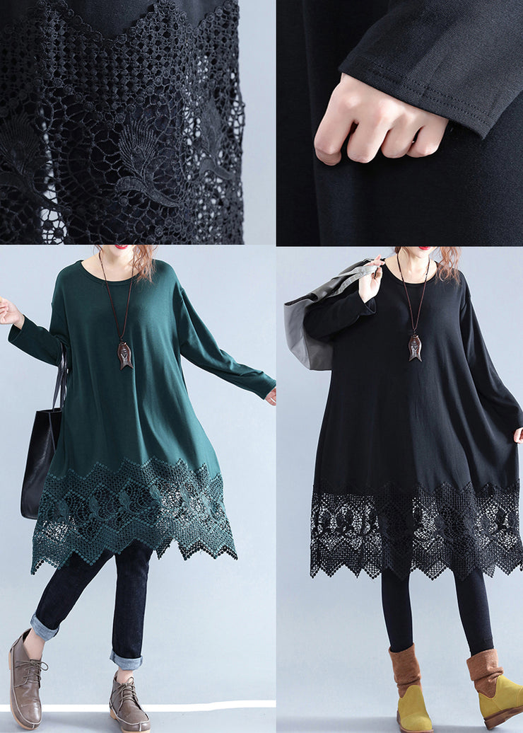 New blackish green cotton shift dress plussize cotton clothing dresses vintage lace ruffles long sleeve cotton dresses