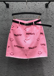 Novel Pink Smiley Face Printed Pocket Denim Skirt Summer