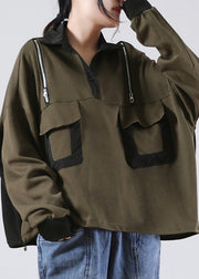 Novelty Army Green Peter Pan Collar Zippered Patchwork Drawstring Button Sweatshirts Long Sleeve