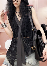 Novelty Black Button Hollow Out Lace Tank Sleeveless