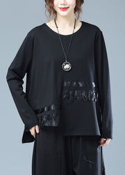 Novelty Black O Neck Asymmetrical Design Patchwork Cotton T Shirt Long Sleeve