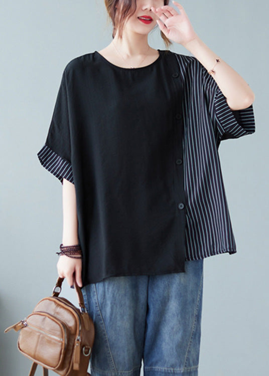 Novelty Cashew pattern O-Neck Striped Patchwork Button Cotton T Shirts Half Sleeve