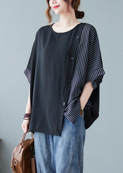 Novelty Black and white grid O-Neck Striped Patchwork Button Cotton T Shirts Half Sleeve