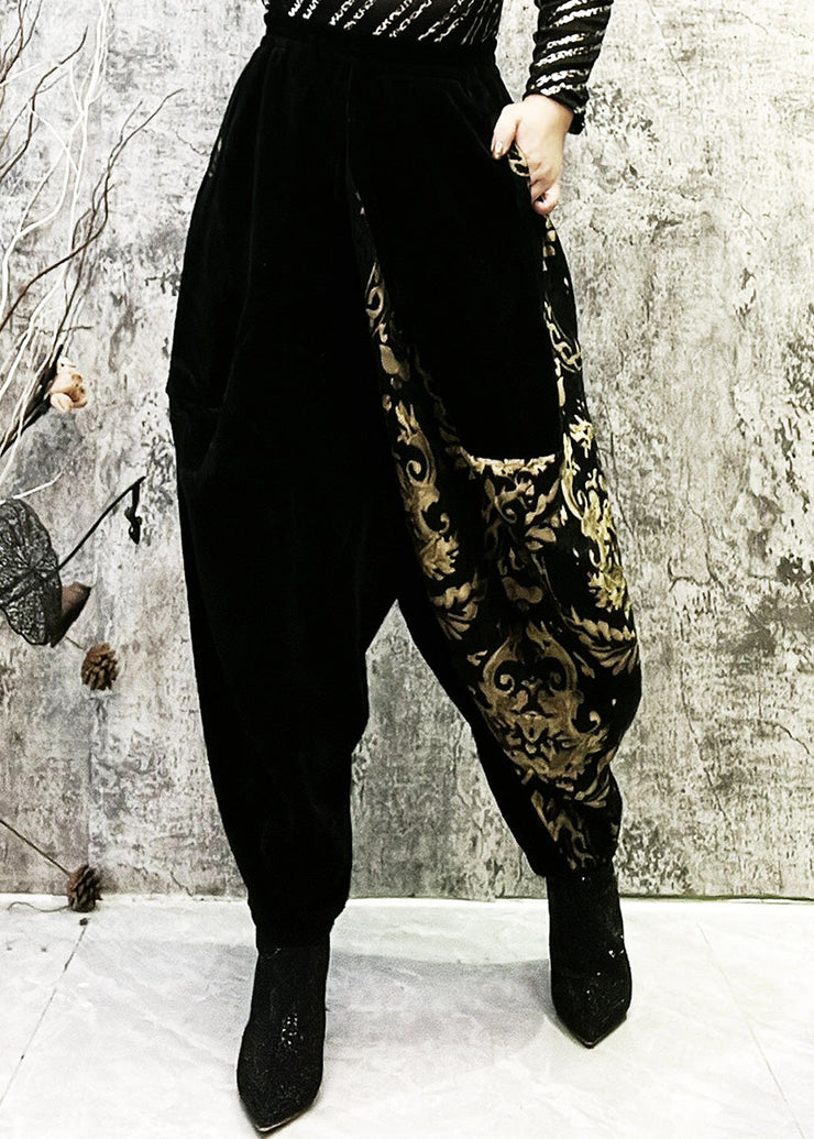 Novelty Black Patchwork Gold Asymmetrical Thick Print High Waist Beam Pants Winter