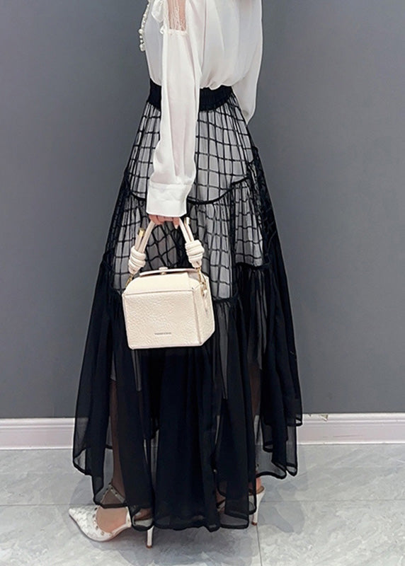 Novelty Black Plaid Patchwork Chiffon Maxi Skirts