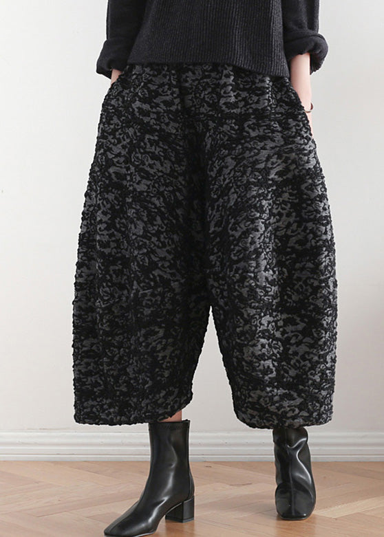 Novelty Black Print Elastic Waist Crop Harem Pants