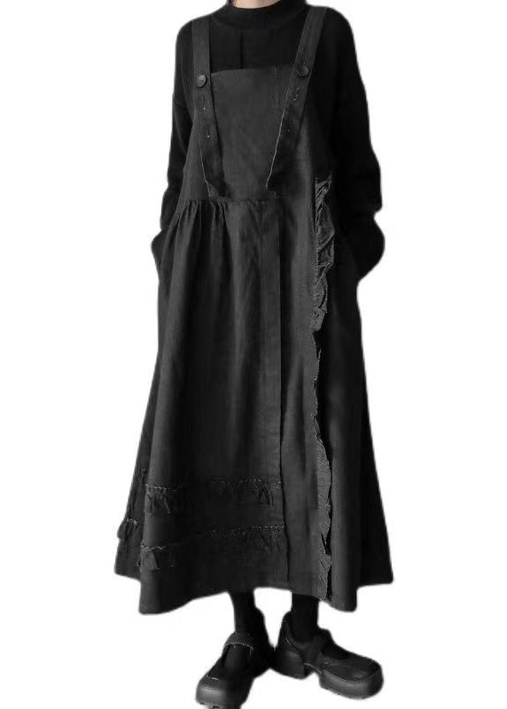 Novelty Black Ruffled Patchwork Button Pockets Long Dresses Fall