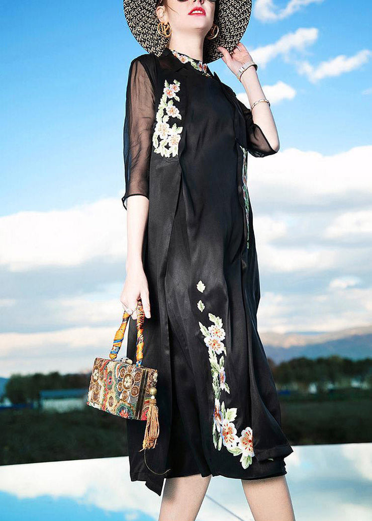 Novelty Black Stand Collar Embroideried Floral Button Silk Maxi Dress Summer