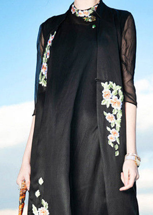 Novelty Black Stand Collar Embroideried Floral Button Silk Maxi Dress Summer