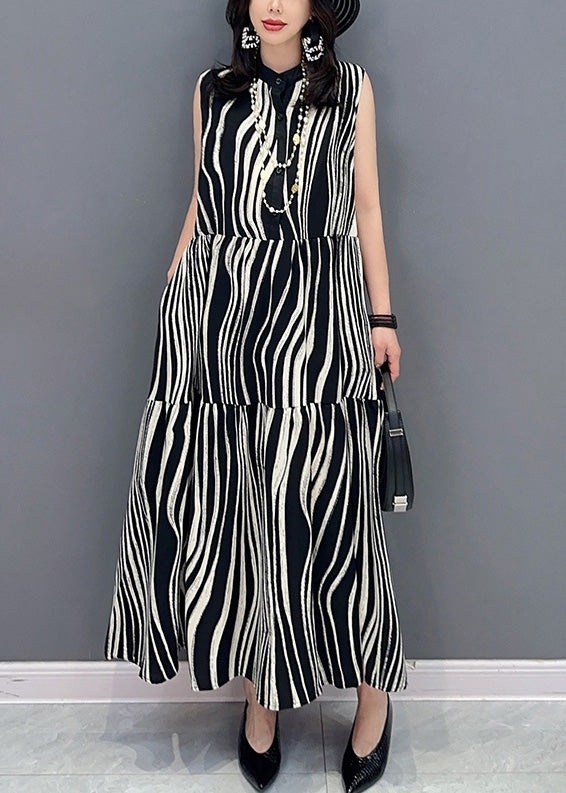 Novelty Black Stand Collar Striped Patchwork Long Dress Summer