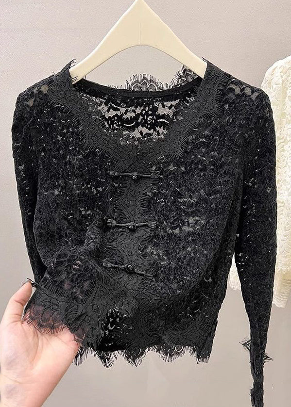 Novelty Black V Neck Button Lace Tops Spring