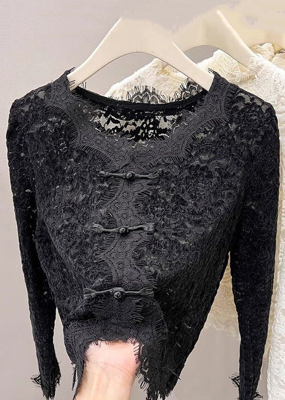 Novelty Black V Neck Button Lace Tops Spring