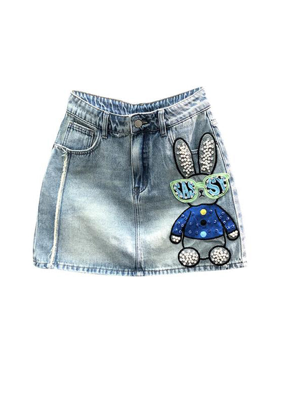 Novelty Blue Embroideried Nail Bead Patchwork Denim Skirt Summer