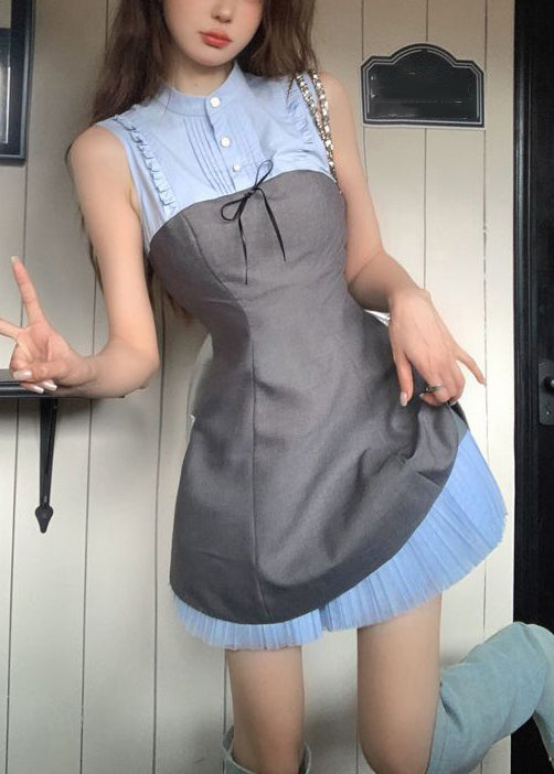 Novelty Blue Ruffled Button Patchwork Cotton Mid Dress Sleeveless