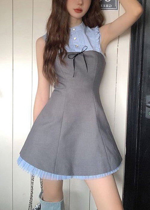 Novelty Blue Ruffled Button Patchwork Cotton Mid Dress Sleeveless